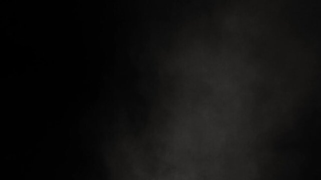 Smoke. Cloud of cold fog in blue light spot on black background. Abstract white smoke in slow motion. 