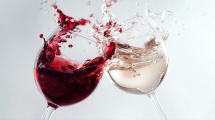 Obraz premium Celebratory Toast: Two Wine Glasses Clinking, Splashing Red and White Wine in a Dynamic Motion