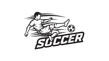 A soccer player in action kicking a ball, illustrated in black and white with bold lines and dynamic motion, perfect for sports logos and branding.
