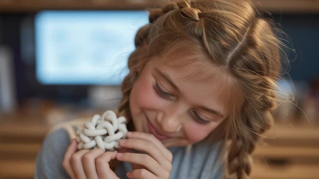 Close-up of a Generation Alpha girl with braided hair smiling and holding a 3D-printed toy she made