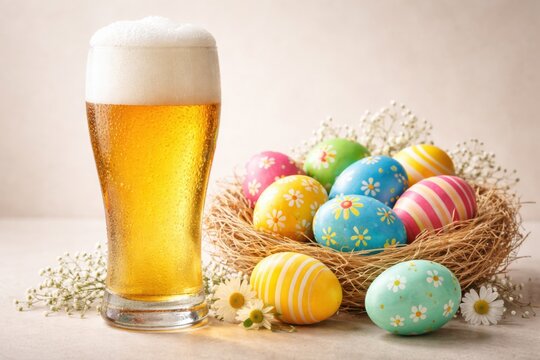Refreshing beer with colorful Easter eggs in a decorative nest.