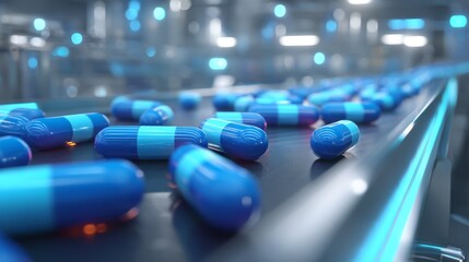 Futuristic pharmaceutical capsules on production line