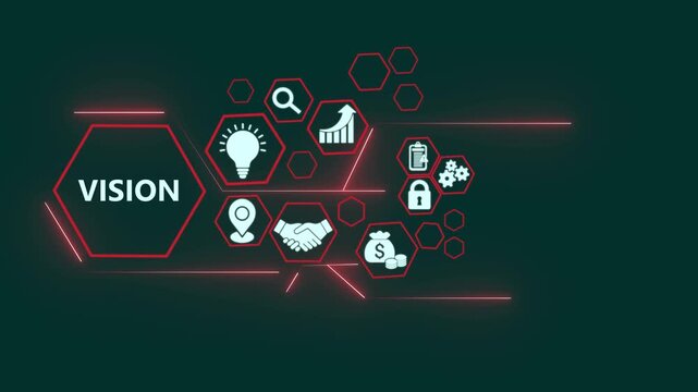Vision technology concept with digital business icons animation. Natural language processing interface with AI data visualization, AI language processing innovation digital interface..	