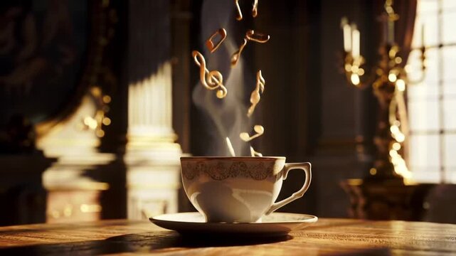 Steaming teacup with musical notes levitating above in a classic room.