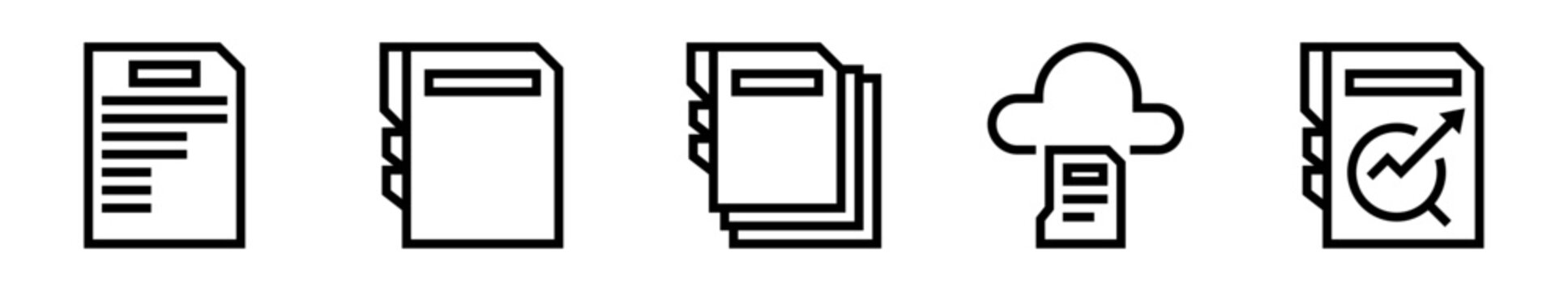 Conjunto de iconos de archivo y carpeta. Organizaci&oacute;n documental, gesti&oacute;n de informaci&oacute;n, almacenamiento digital, b&uacute;squeda eficiente, control de archivos. Ilustraci&oacute;n vectorial lineal