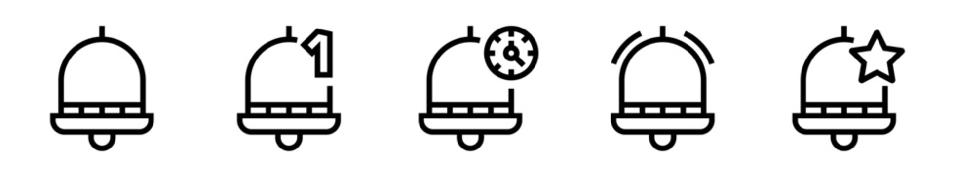 Conjunto de iconos de notificaci&oacute;n. campanas de alerta, avisos importantes, recordatorios activos. Ilustraci&oacute;n vectorial lineal