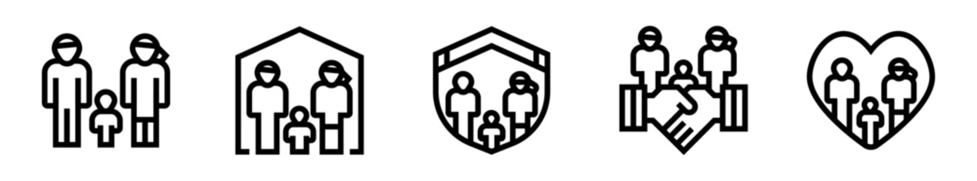Conjunto de iconos de familia. Hogar unido, protecci&oacute;n familiar, confianza compartida, v&iacute;nculo emocional, seguridad afectiva. Ilustraci&oacute;n vectorial lineal