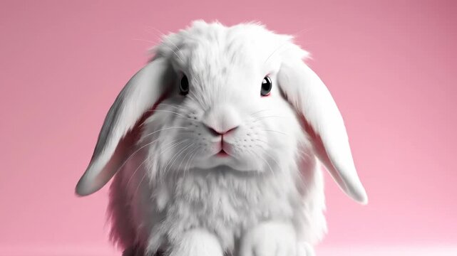 Adorable fluffy pet. White lop-eared rabbit sitting still on a vibrant pink studio background. Perfect for Easter, spring, or cute animal promotions.