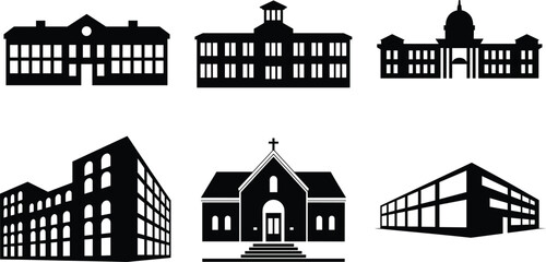 Institutional building silhouettes, vector architecture icons, school and church structures, courthouse and government designs, black graphic elements, isolated on white background © Umala Art