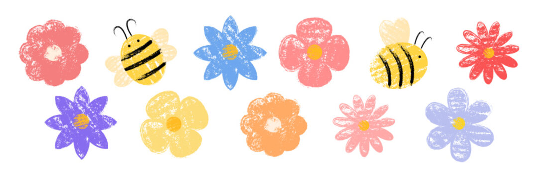 Hand-drawn crayon flowers and bees set with pastel textures. Cute vector chalk elements for spring designs, stickers, greetings and kids illustrations.