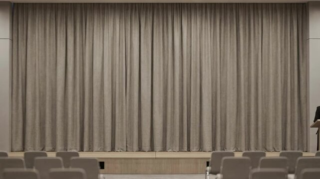 Medium shot capturing widewidth seamless drapes in a conference hall focusing on uniform fabric flow and subtle weave patterns enhancing the professional setting.