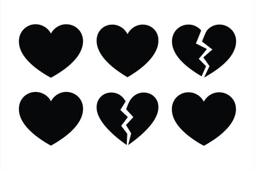 Emotional heart collection featuring solid love shapes and cracked heartbreak symbols for web design