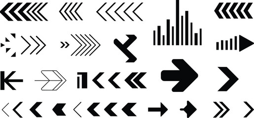 Arrow icon collection, vector direction symbols, graphic navigation elements, abstract pointer shapes, modern UI arrows, isolated on white background, design toolkit