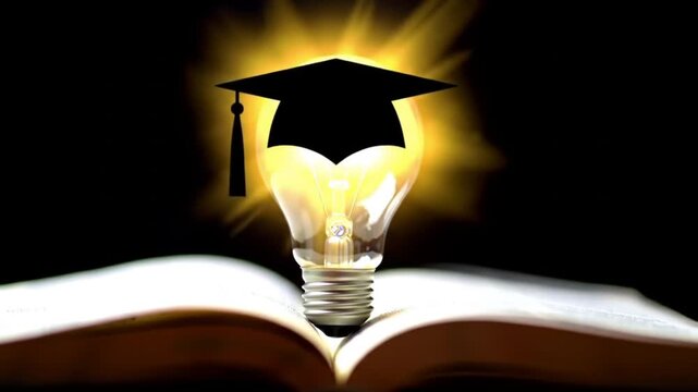 Graduation cap atop glowing light bulb over open book symbolizes knowledge.