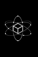 Naklejka premium Abstract 3D cube within atomic orbit structure on black background, symbolizing science, technology, and quantum computing.