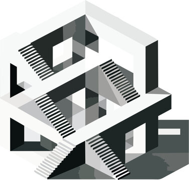 Abstract Impossible Structure Illustration, Featuring an Endless Staircase or Penrose Stairs in a Geometric Grayscale Style