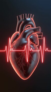 Human heart anatomy with glowing heartbeat line　心電図の波形が光る心臓の解剖学的背景　縦型　動画