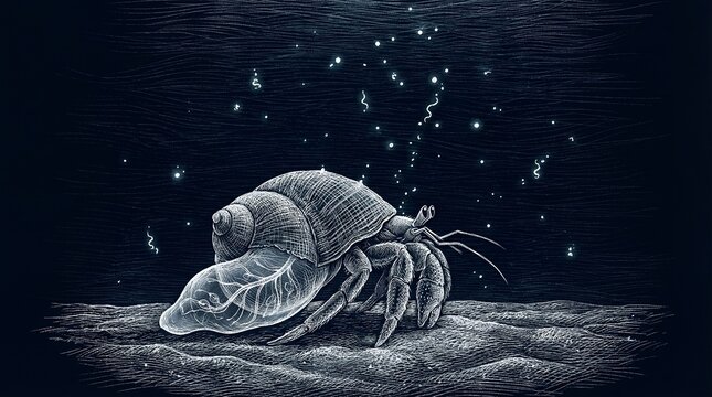 Luminous Tide: Ghost Crab with Glass Shell Under Starry Depths