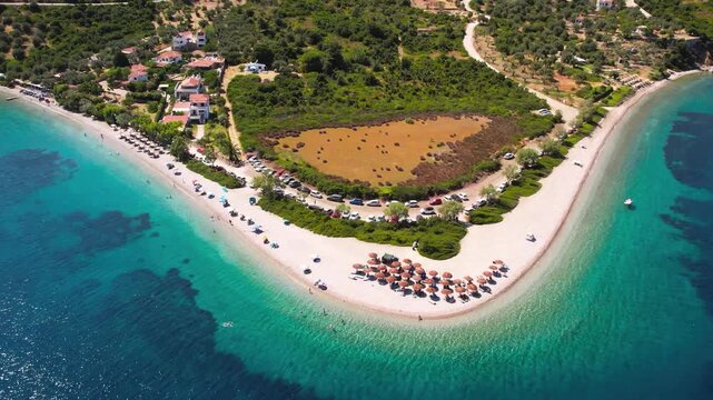 Aerial View of Perfect Geometric Sandspit at Agios Dimitrios Beach &mdash; Ideal Curved White Pebble Beach Arc in Turquoise Sea, Alonissos Island National Marine Park Greece