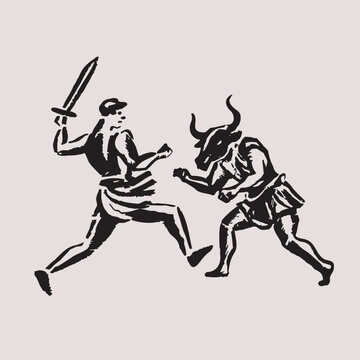 Illustration of Theseus Battling the Minotaur in the Labyrinth from Greek Mythology