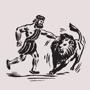 Illustration of Heracles Wrestling the Nemean Lion with Bare Hands in Greek Mythology