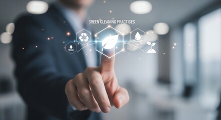 Obraz premium A businessman interacting with a digital interface for green cleaning practices.