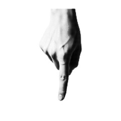 Halftone black and white human hand pointing down with index finger isolated on transparent background minimalist digital art style detailed close up dot pattern