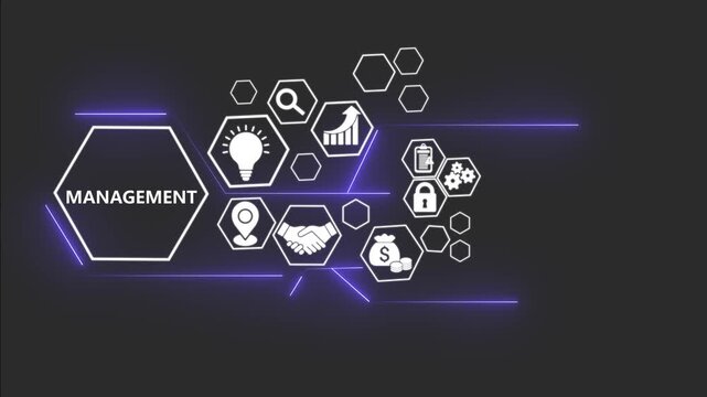 Management  technology concept with digital business icons animation. Natural language processing interface with AI data visualization..