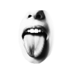 Black dot halftone style close up of smiling human mouth with tongue sticking out in playful expression isolated on transparent background