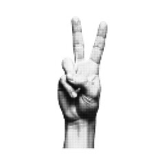 Halftone vintage style closeup of hand showing peace victory sign with two fingers raised black and white isolated transparent background