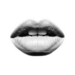 Monochrome halftone style close up of lips with slightly open mouth showing teeth isolated on transparent background black dots pattern graphic