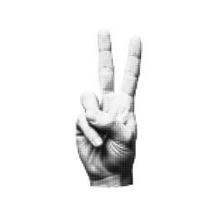 Halftone style close up of hand showing peace victory gesture two fingers up black and white with transparent background isolated on white