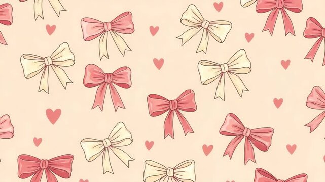 Valentines day bows and hearts pattern on beige background for decoration