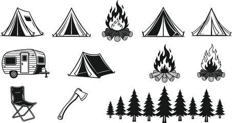 Camping and Outdoor Recreation Icons Set tent campfire © Mahafuj  Creatives