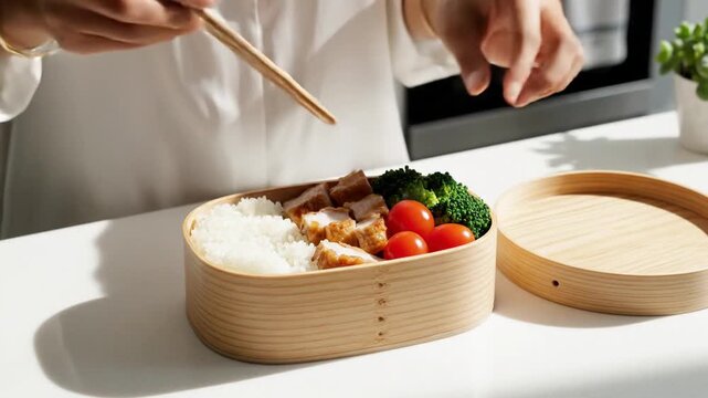 A close-up of a person preparing a healthy bento box with rice, chicken, and vegetables, set against a bright kitchen background, showcasing a vibrant culinary experience