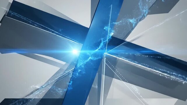 Abstract geometric shapes intersecting with vibrant blue light rays emanating from a central point