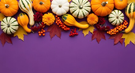 Autumn harvest display with gourds and leaves
