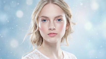 Beauty portrait of young woman with natural makeup and soft light background, skincare and wellness concept, donna, inverno, bellezza, neve, freddo, azzurro, regina