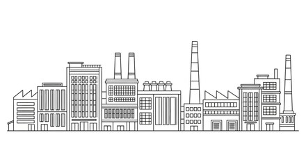 Obraz premium This image presents an industrial factory skyline with smokestacks and buildings in a minimal line art style. It represents manufacturing, production, and industrial development themes. 