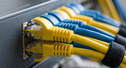 Ż&oacute;łte i niebieskie kable sieciowe wpięte do switcha