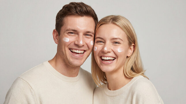 Beauty illustration of happy couple with facial cream, skincare routine and healthy skin concept