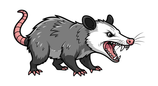 Angry opossum snarling in defensive posture