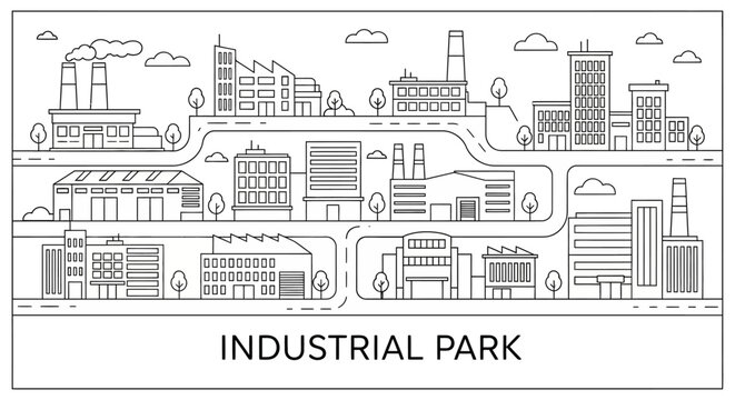 This illustration depicts an industrial park layout with factories, roads, and infrastructure elements in a linear outline style. It is suitable for industrial planning, logistics, and urban developme