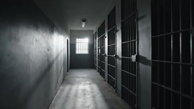 Dark prison corridor with bars and dim lighting, eerie atmosphere, cells on right, exit to bright outdoors
