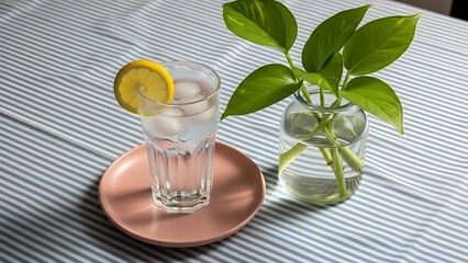 Refreshing lemon water with plant