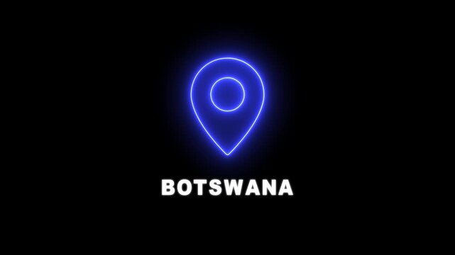 Botswana is looping Location Pins over the country, Digital Screen, black background 4K Resolution video. Glowing botswana text up down Location Pins alpha channel Location Pins animation. 4K video