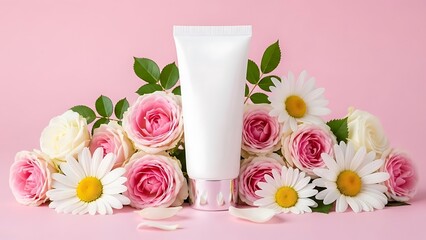 Natural skincare cream surrounded by fresh flowers