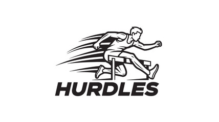 Naklejka premium A black and white illustration of a hurdler in action, clearing a hurdle with dynamic motion lines, conveying speed and athleticism.