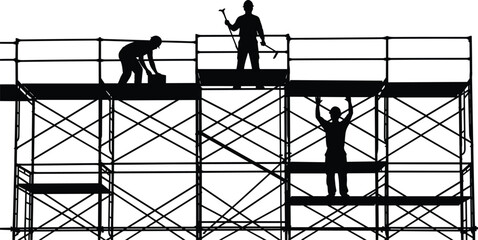 Silhouettes of Construction Workers on Scaffolding with Tools Keywords: construction, workers, scaffolding, silhouette, building