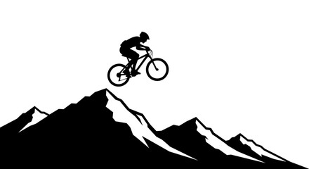 Naklejka premium Mountain biker silhouette riding on a mountain peak